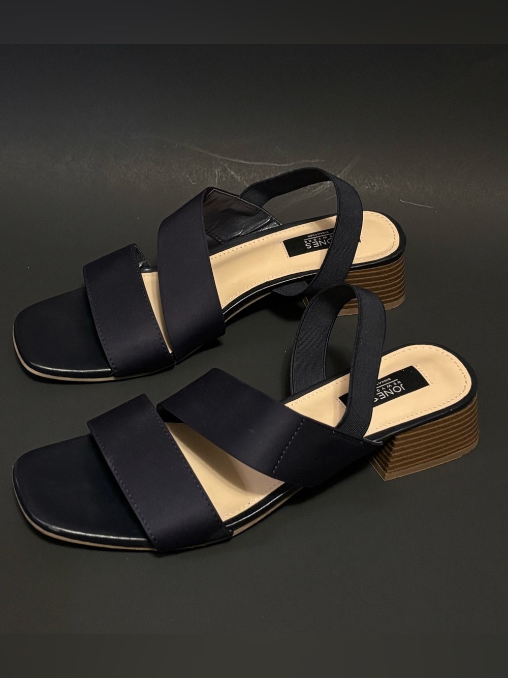 JONES NEW YORK SIGNATURE “Uniedee” Navy Blue Satin Strappy Kitten Heels Sandals